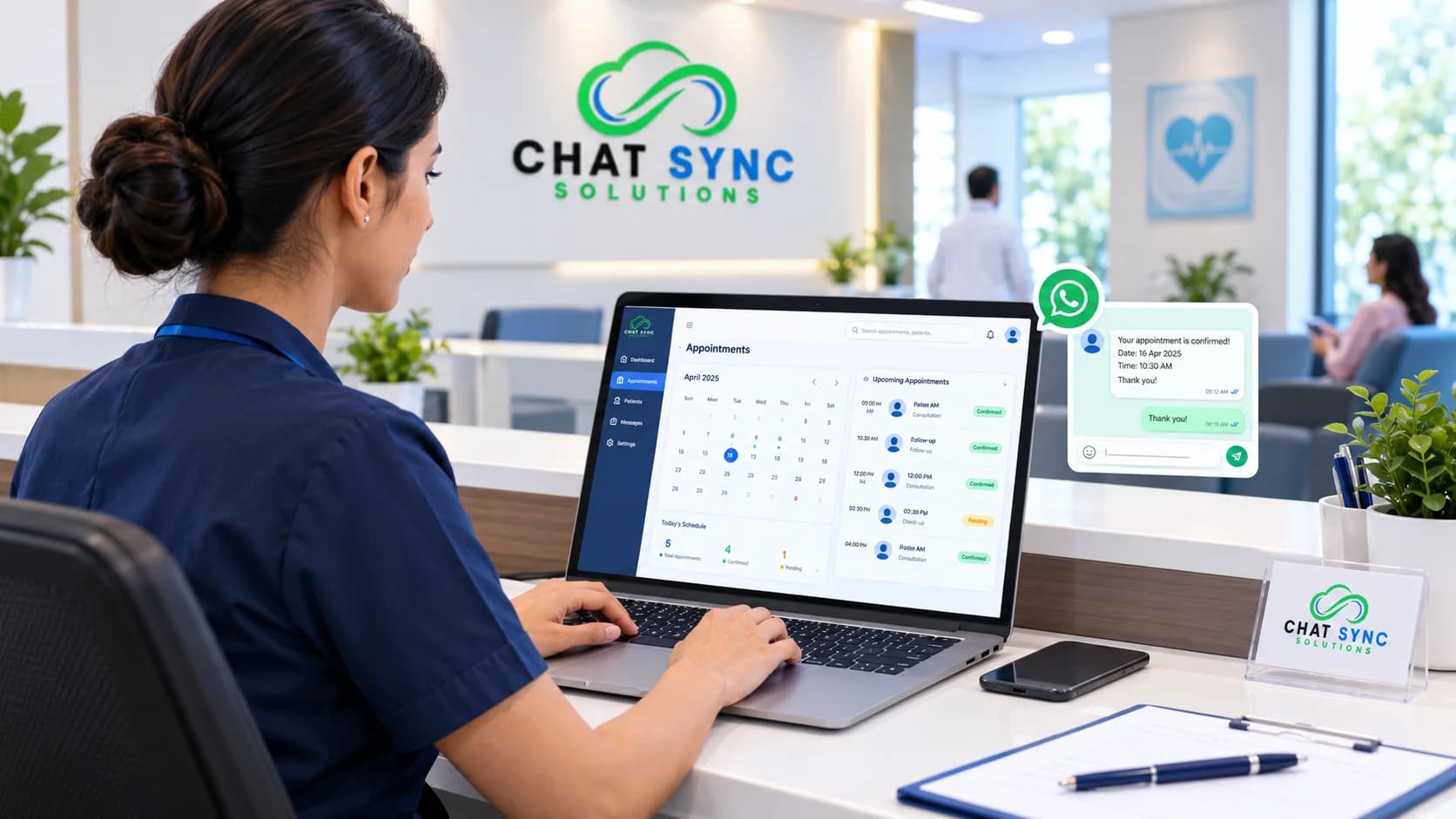 Medical clinic receptionist managing appointment bookings through digital software