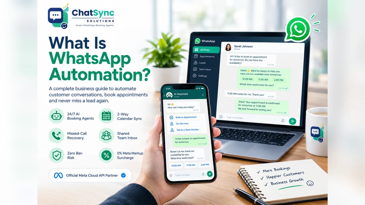 ChatSync Solutions WhatsApp automation platform with AI booking agents, automated customer conversations, and calendar synchronization.