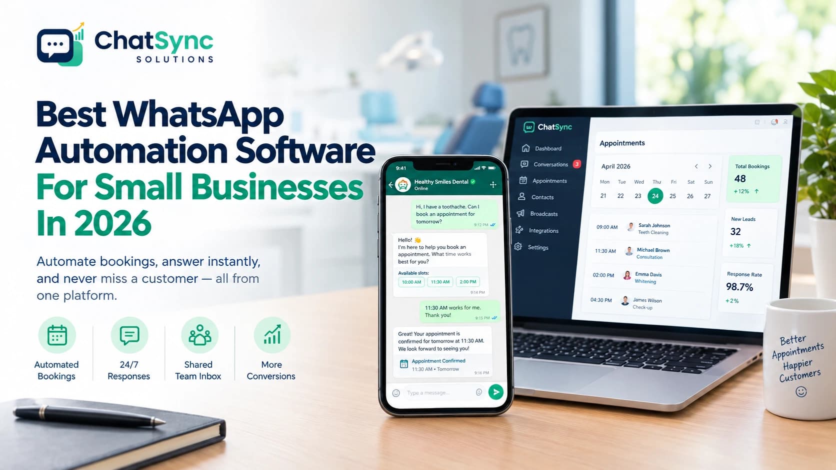 WhatsApp automation software for small businesses showing AI appointment booking on a smartphone and a customer management dashboard on a laptop