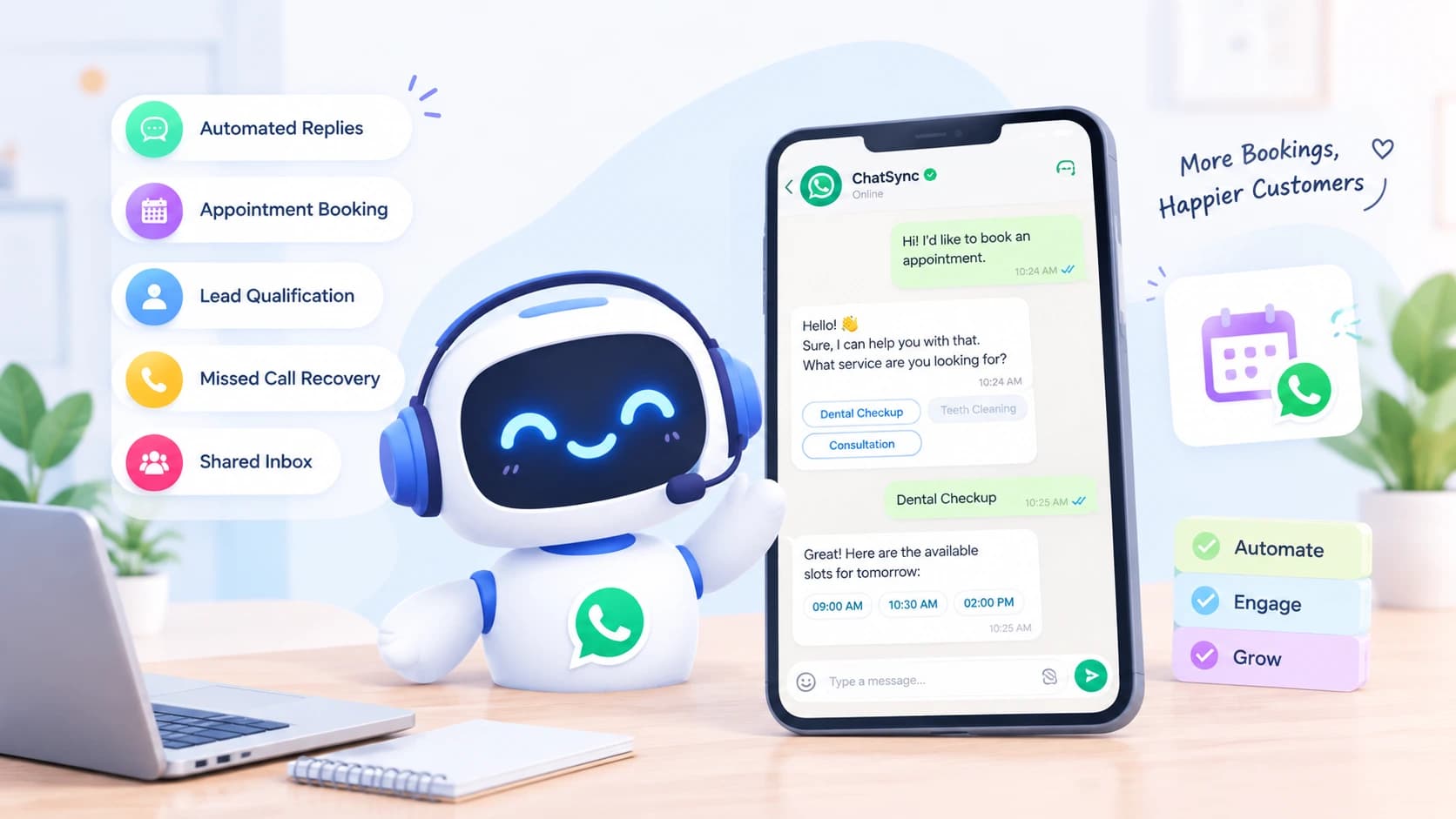 Cute AI chatbot helping businesses automate WhatsApp conversations and appointment bookings