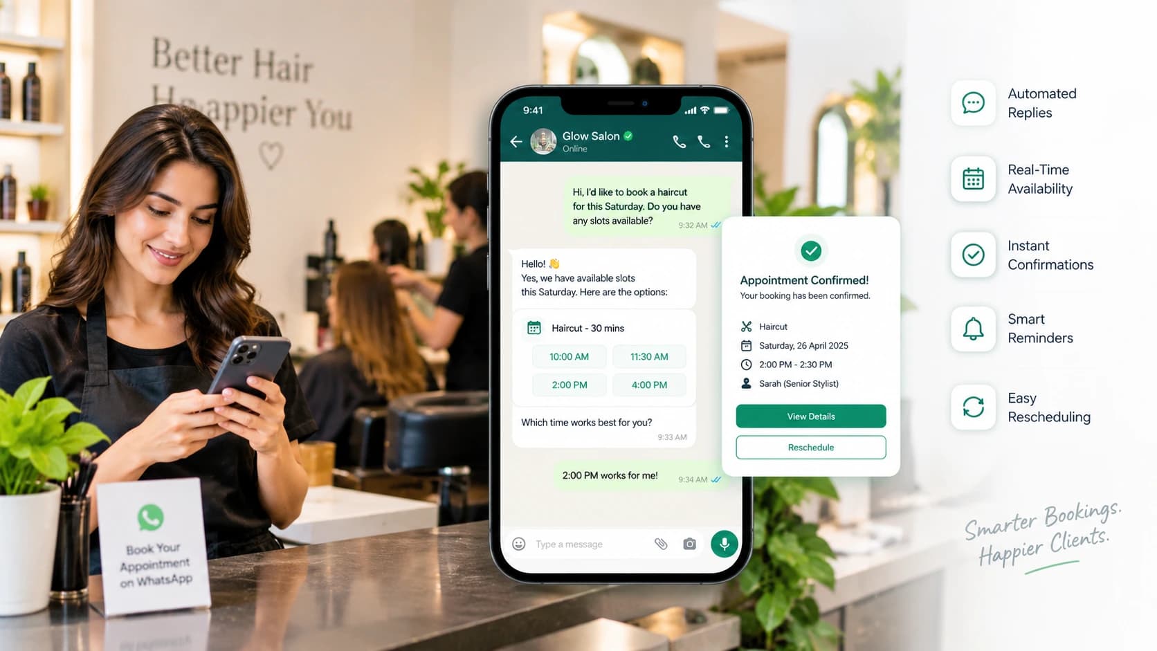 Salon stylist using WhatsApp booking software to manage appointments, check availability, and confirm customer bookings.