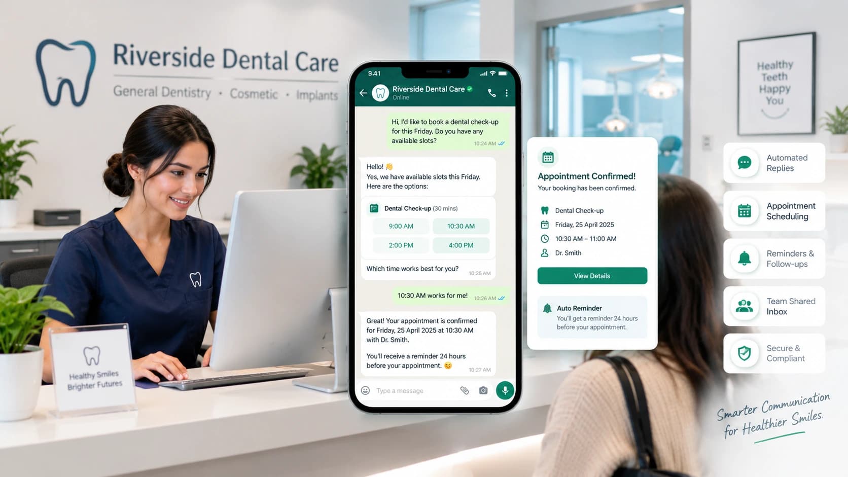 Dental clinic receptionist managing patient enquiries and appointments through WhatsApp automation software.